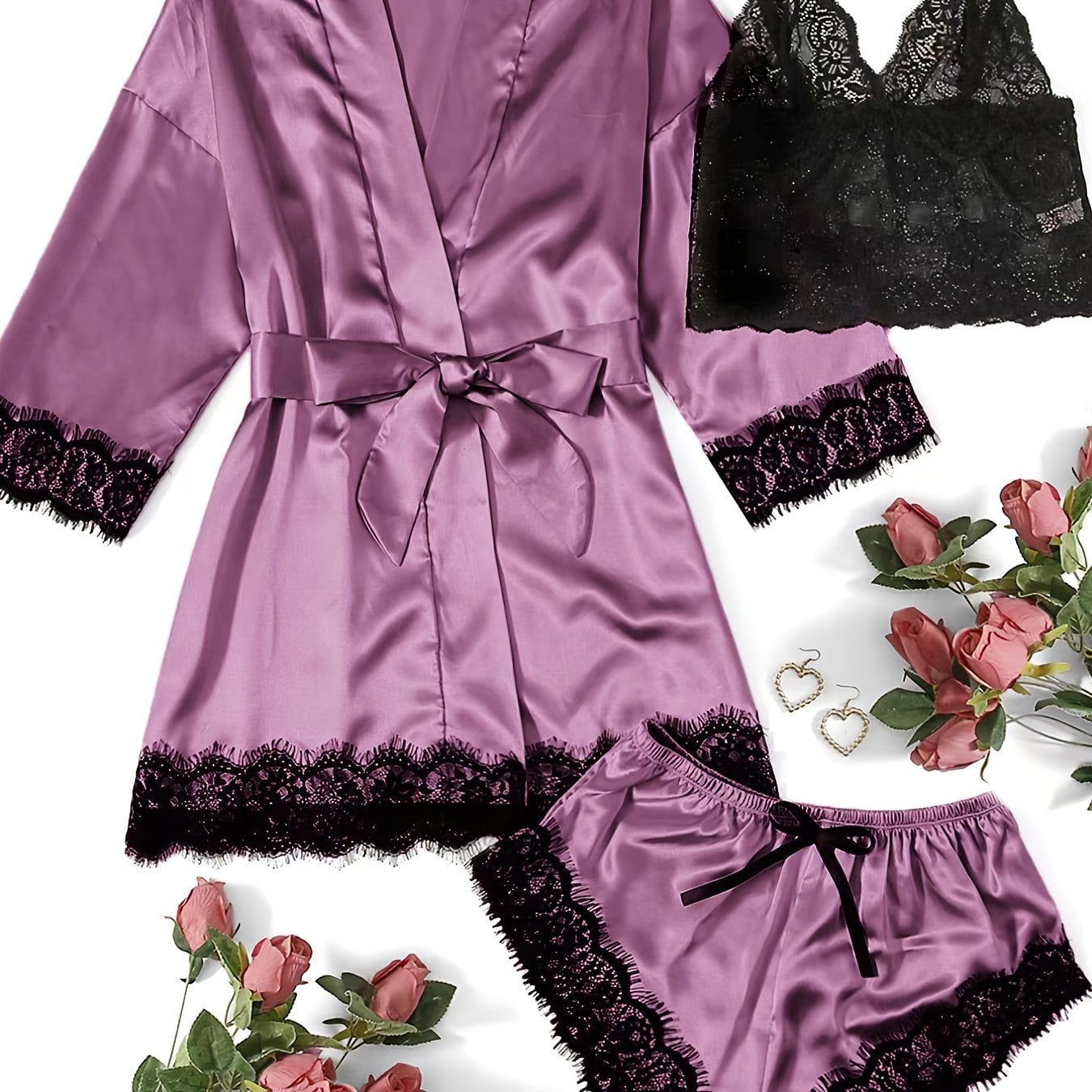 3 Piece Lace Trim Solid Satin Pajamas Set, Long Sleeve Short Robe + V