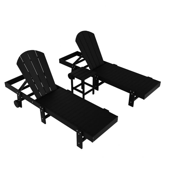 3 Piece Laguna Adirondack Poly Reclining Chaise Lounge With Wheels, Black