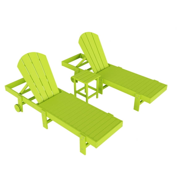3 Piece Laguna Adirondack Poly Reclining Chaise Lounge With Wheels, Lime