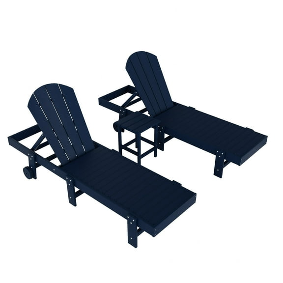 3 Piece Laguna Adirondack Poly Reclining Chaise Lounge With Wheels, Navy Blue