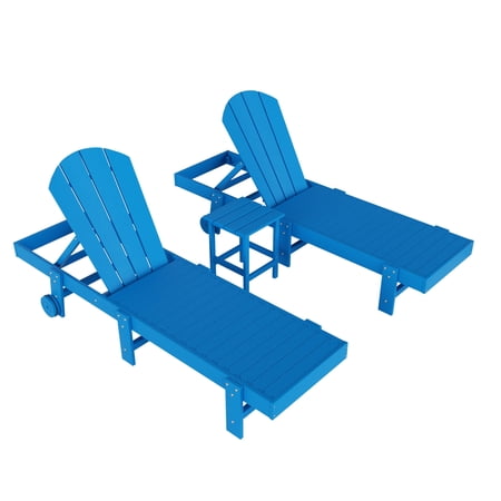3 Piece Laguna Adirondack Poly Reclining Chaise Lounge With Wheels, Pacific Blue