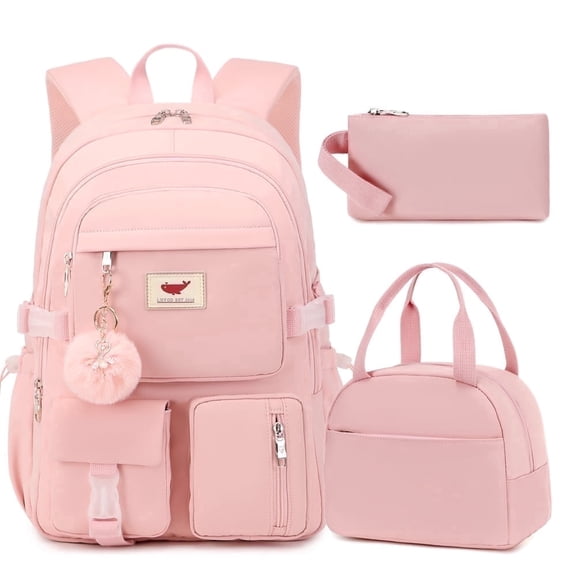 AO ALI VICTORY 3 Piece Backpack Set Backpack with Lunch Bag & Pencil Box Laptop Backpack 15.6 inch Junior High Backpack College Backpack Anti-theft Travel Bookbags forTeens Women (Pink)
