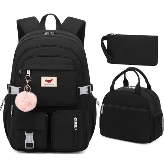 AO ALI VICTORY 3 Piece Backpack Set Laptop Backpack 15.6 inch Junior High Backpack College Backpack Anti-theft Travel Backpack Large Teenage Ladies(Black)