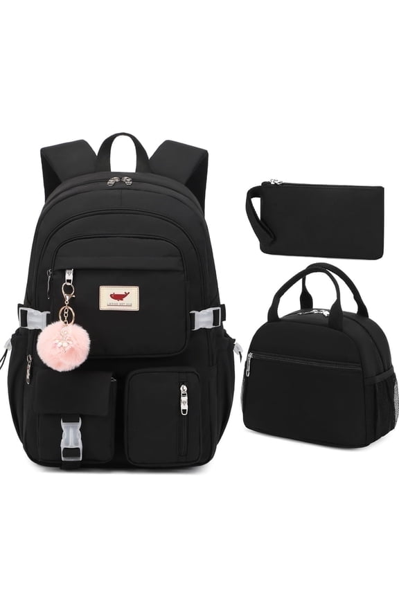 3 Piece Backpack Set Laptop Backpack 15.6 inch Junior High Backpack College Backpack Anti-theft Travel Backpack Large Teenage Ladies（Black)