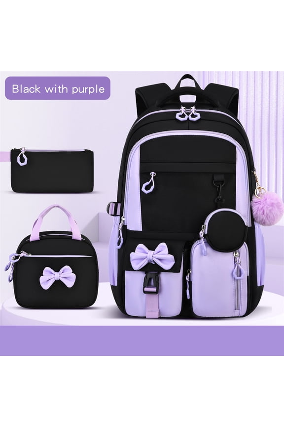3 Piece Laptop Backpack Set, Water Resistant Nylon Bookbag with Lunch Box & Pencil Case, Cute Bowknot Design Fits 15.6 Inch Computer, Large Capacity Travel Daypack Bundle Black Purple