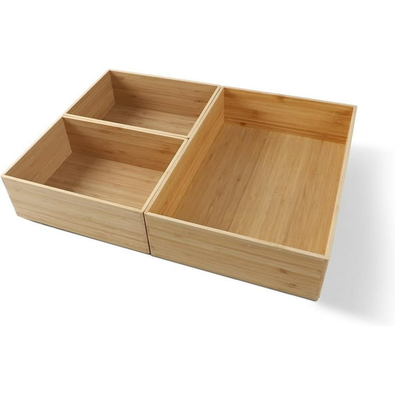 3-Piece Large Bamboo Storage Box Set, 3.1 in High Stackable Deep-Drawer Organizer for Kitchen Cutlery, Cookware, Utensils & Knives, Exquisite Durable Lidless Wooden Bin (14.6"x10.2"*1+10.2"x7.3"*2)