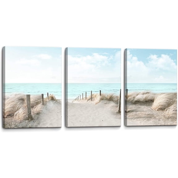 3 Piece Large Canvas Bedroom Wall Art Beach Blue Sea Blue Sky Print Picture Framed Wall Decor for Living Room Bathroom Modern Home Decor Artwork Ready to Hang Coastal Wall Decorations Size 16x24x3