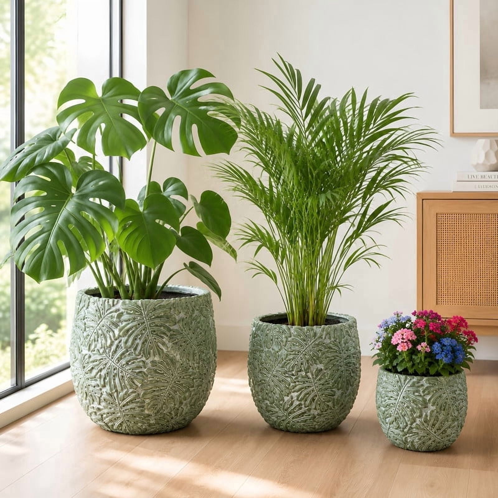 3-Piece Large Concrete Planter Set for Indoor & Outdoor Use - Round Garden Pots (18, 13, 9 Inch Dia) with Drainage Hole & Plug (SH002)