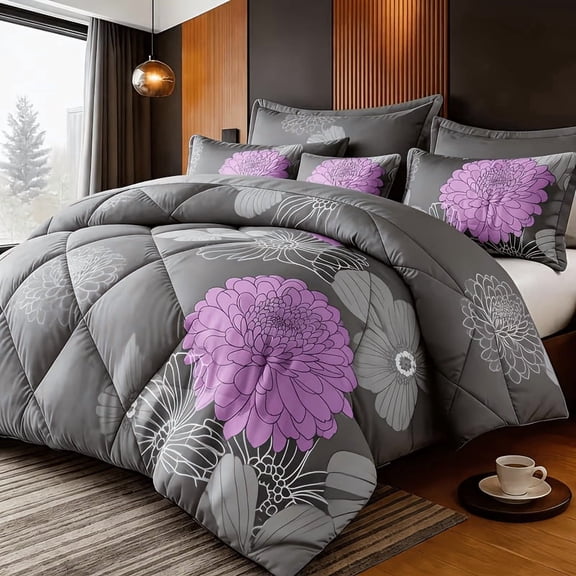 3 Piece Large Floral Quilt Set, featuring large purple and blue chrysanthemum patterns.