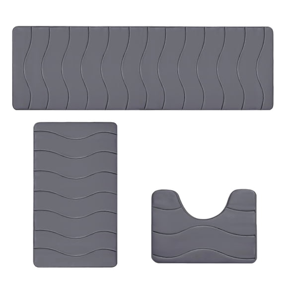 3 Piece Large Foam Bathroom Rug Set, 15.7 x 47.2 in Runner Bath Mats with Rubber Dot Back, Dark Gray
