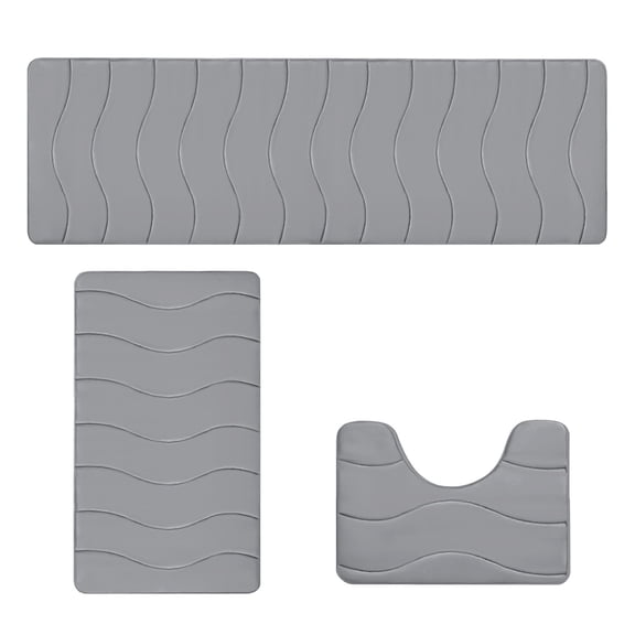 3 Piece Large Foam Bathroom Rug Set, 15.7 x 47.2 in Runner Bath Mats with Rubber Dot Back, Gray