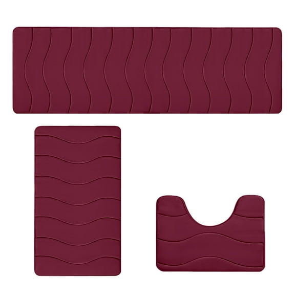 3 Piece Large Foam Bathroom Rug Set, 15.7 x 47.2 in Runner Bath Mats with Rubber Dot Back, Red