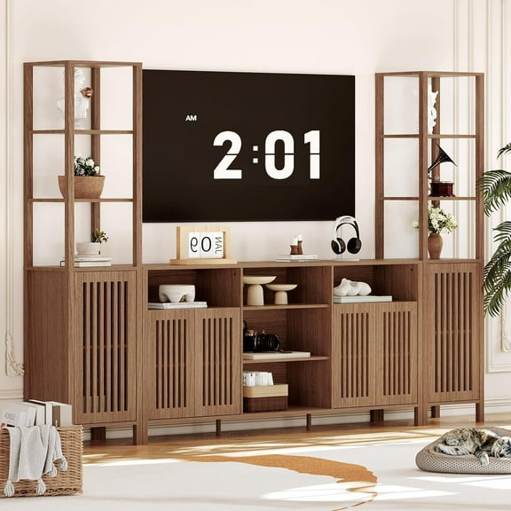 3-Piece Large TV Stand with Bookshelves, Farmhouse TV Stand for 70 Inch TVs, Multi-Functional Home Entertainment Center Modern Console Cabinet for Living Room Bedroom Home Theater