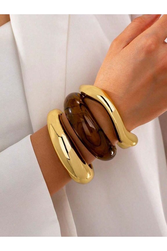 3-Piece Layered Cuff Bracelet Set Multicolor 3 - Goldtone & Amber Resin