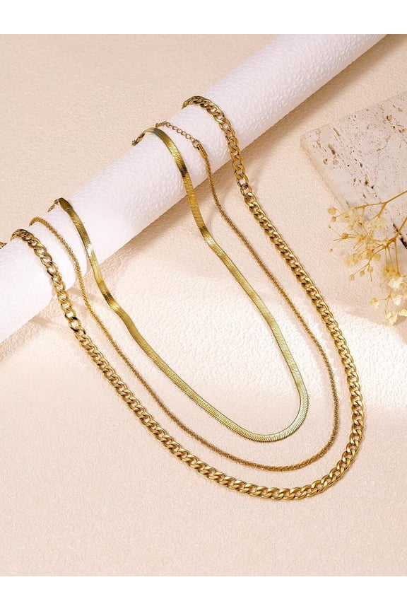 3-Piece Layered Necklace Set in Yellow Gold Tone: Chain, Snake, and Flat Link Styles