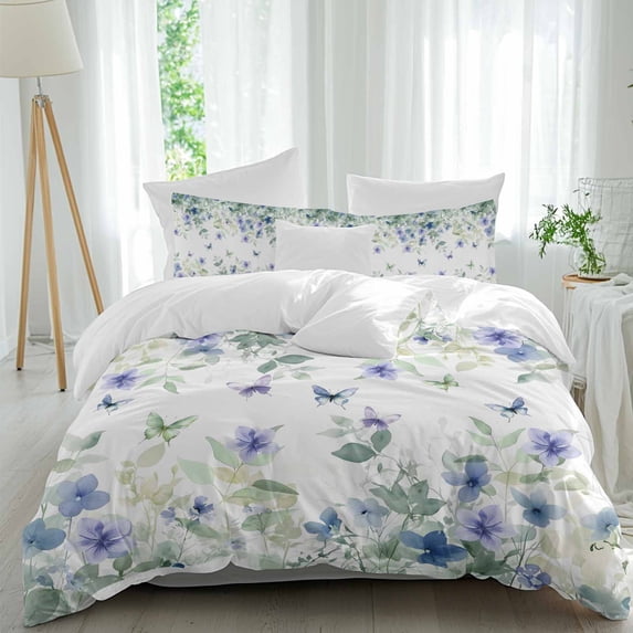 3 Piece Leaf Butterfly Duvet Cover Set California King,Microfiber Comforter/Quilt Cover with Corner Ties and 2 Pillowcases,Watercolor Sage Green Purple Floral All Season Bedding with Zipper Closure
