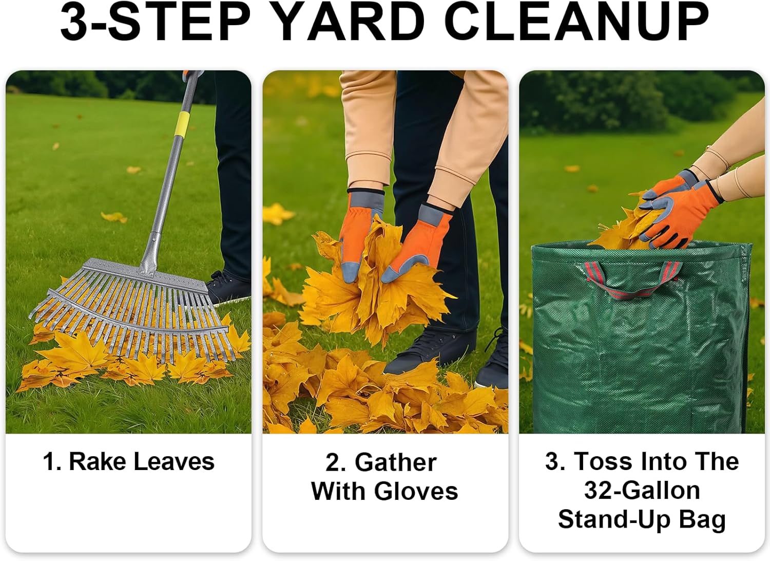 3-Piece Leaf Rake Kit – Adjustable Heavy-Duty Yard Rake with 25 Tines ...