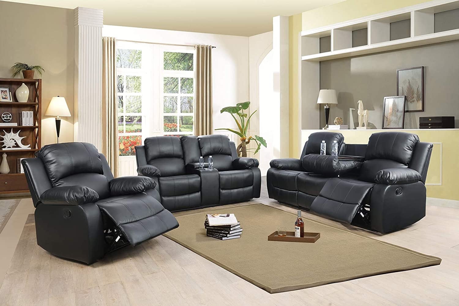 3 Piece Leather Manual Reclining Sofa Loveseat and Couch Set in Black Walmart
