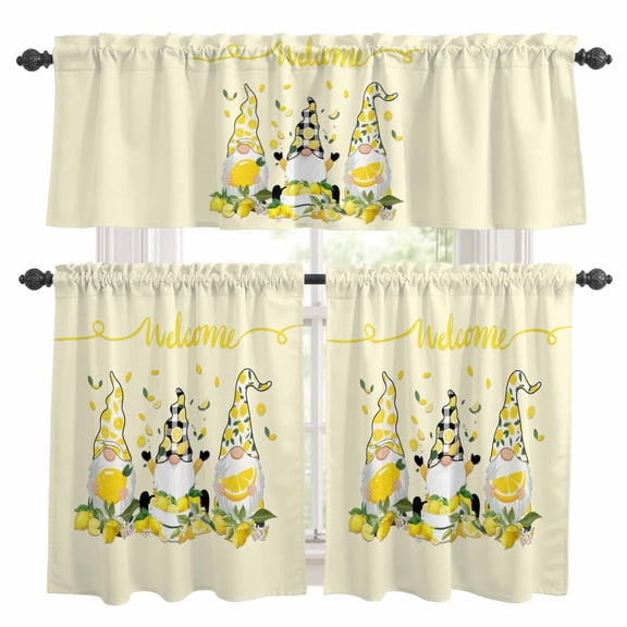 3 Piece Lemon Dwarf Kitchen Curtain Valance and Tiers Set Welcome Green Leaf Summer Yellow Background Rod Pocket Tier Curtain 24 Inch Small Window Drapes for Living Room Bedroom Cafe Home Decor