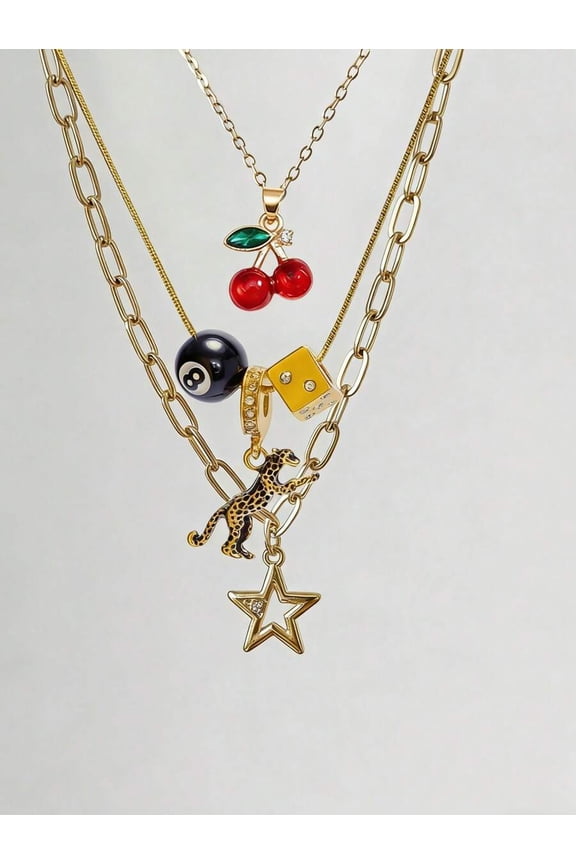 3-Piece Leopard Cherry 8-Ball Dice Star Layered Charm Necklace Set Gold Tone