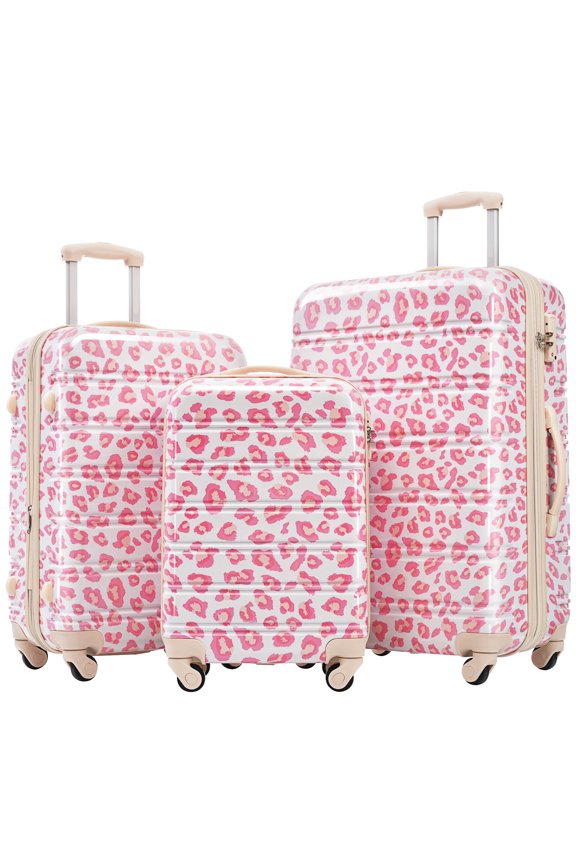 3 Piece Leopard Print Hardshell Luggage Set with Spinner Wheels & TSA Lock, Lightweight PC Suitcases (20/24/28 Inches), Pink