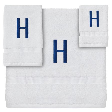 3 Piece Letter H Monogrammed Bath Towels Set, White Cotton Bath Towel, Hand Towel, and Washcloth with Blue Embroidered Initial H for Wedding Gift, Bridal Shower