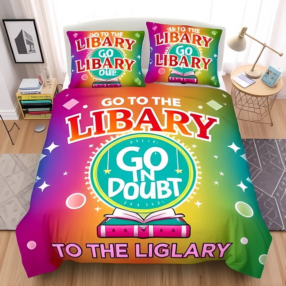 3-Piece Library Themed Duvet Cover Set - Colorful Bedding with Playful Typography for Rooms