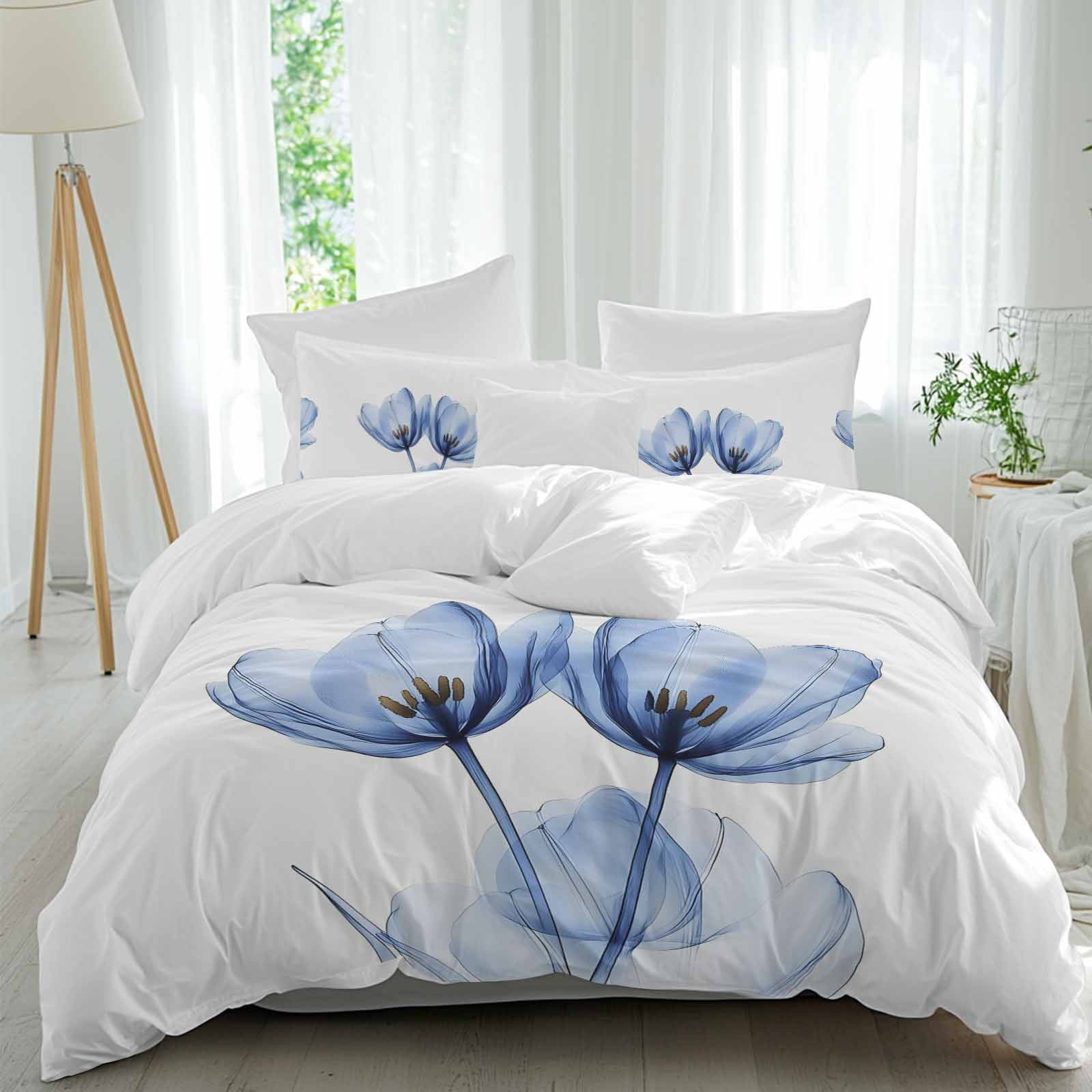 3 Piece Light Blue Tulip Duvet Cover Set Full Size, Microfiber ...