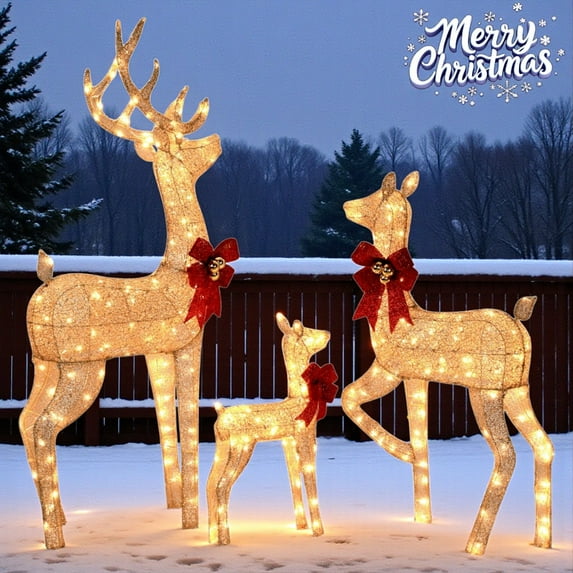 3-Piece Lighted 5ft Reindeer Family Set w/ 290 Warm White LED Lights, Christmas Holiday Decor Buck, Doe & Fawn for Indoor & Outdoor Use (Champagne)