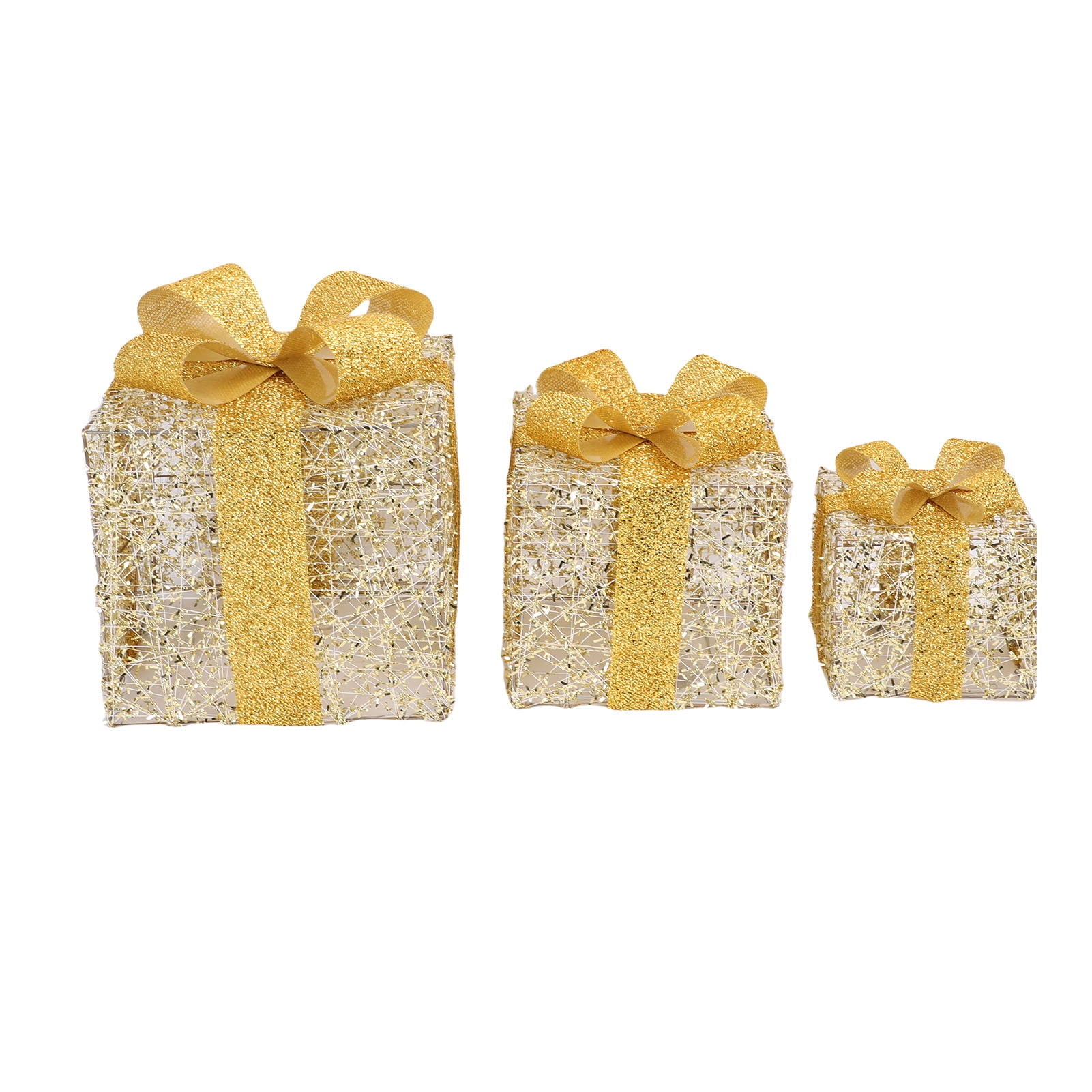 3-Piece Lighted Gold Iron Christmas Gift Box Decor - Battery-Powered String Light Xmas Present Boxes with Sequin Bow for Tree Skirt Yard Porch Holiday Decor