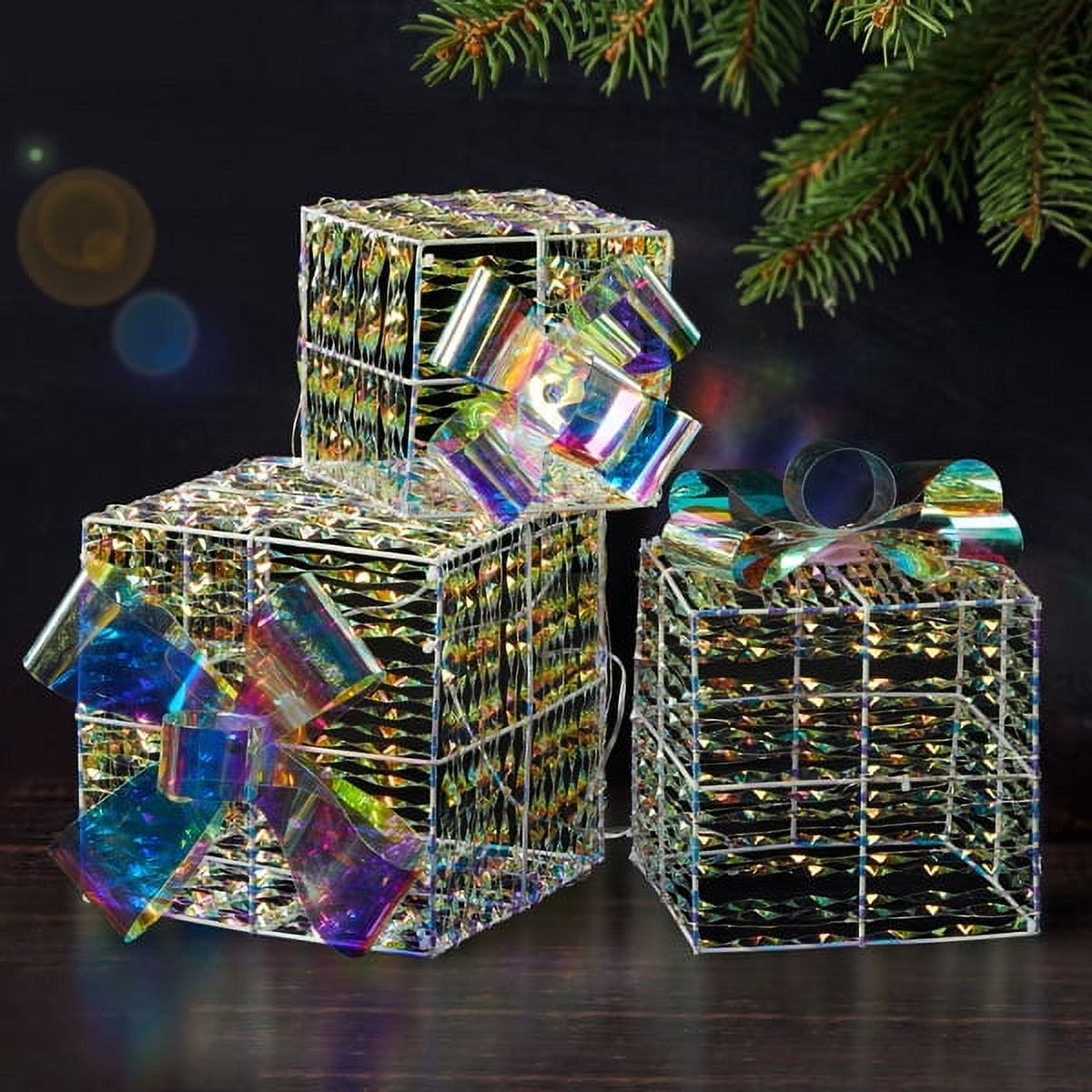 3-Piece Lighted Iridescent Gift Box Set - 140 Warm White LEDs, Weather-Resistant Metal Frame, Indoor/Outdoor Christmas Decor for Yard/Porch/Tree