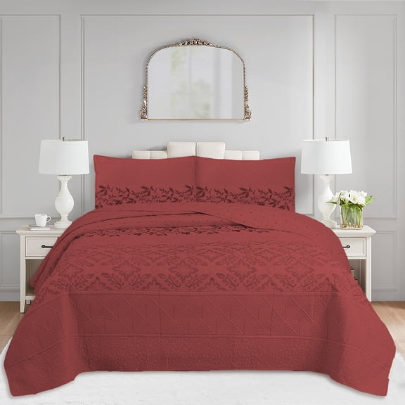 3 Piece Lightweight Quilted Bedspread Set, Breathable Floral Damask Bedding with Pillow Shams, Machine Washable All Season Quilt for Queen/King Bed
