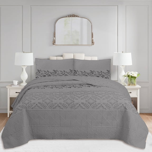 3 Piece Lightweight Quilted Bedspread Set, Breathable Floral Damask Bedding with Pillow Shams, Machine Washable All Season Quilt for Queen/King Bed