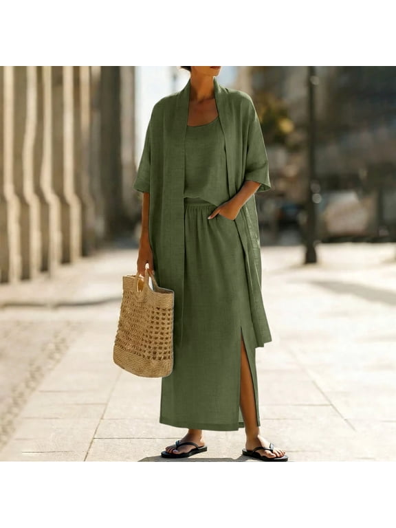 3 Piece Linen Boho Set Womens Cami Tops Split Maxi Skirt with Half Sleeve Open Front Long Cardigan Outfits for Summer Beach Casual Green XL
