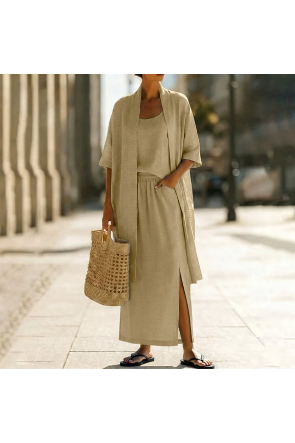 3 Piece Linen Boho Set Womens Cami Tops Split Maxi Skirt with Half Sleeve Open Front Long Cardigan Outfits for Summer Beach Casual Khaki S