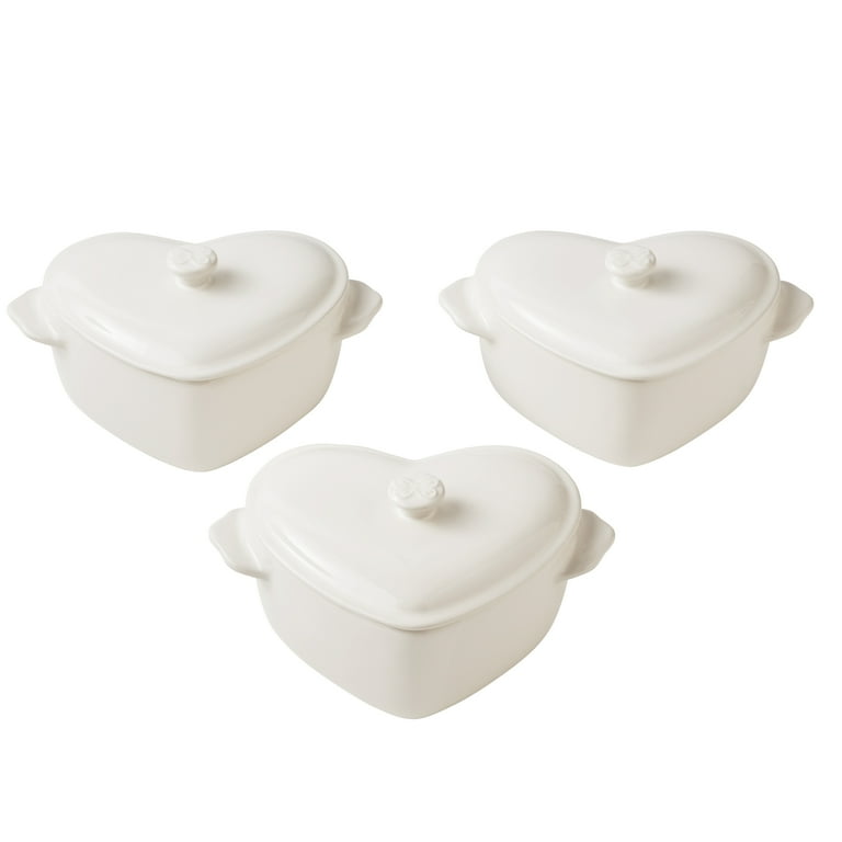3-Piece Linen Colored Mini Hearts Ceramic Baking Dish with Lid