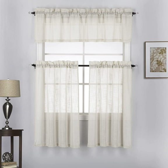 3 Piece Linen Look Rod Pocket Top Kitchen Window Curtain Tier Pair and Valance Set 36 Inch Long, Beige