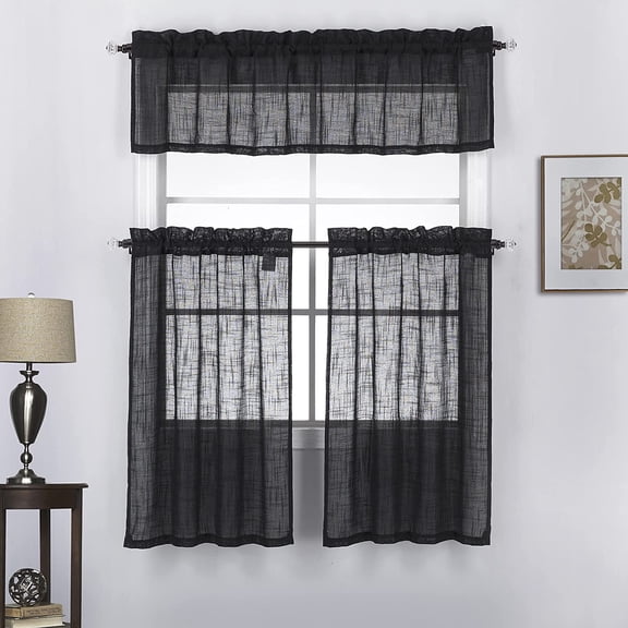 3 Piece Linen Look Rod Pocket Top Kitchen Window Curtain Tier Pair and Valance Set 36 Inch Long, Black
