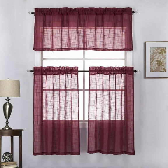 3 Piece Linen Look Rod Pocket Top Kitchen Window Curtain Tier Pair and Valance Set 36 Inch Long, Burgundy