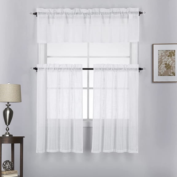 3 Piece Linen Look Rod Pocket Top Kitchen Window Curtain Tier Pair and Valance Set 36 Inch Long, White