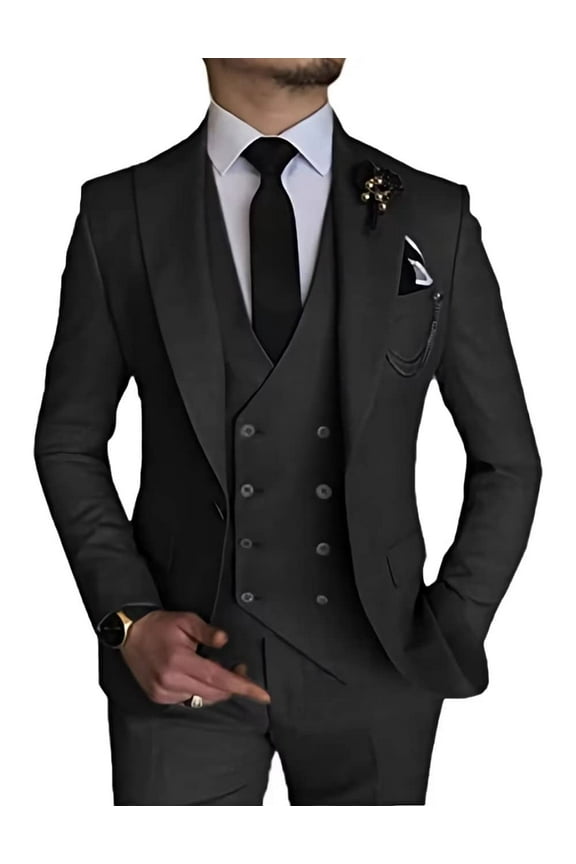 3 Piece Linen Suits for Men Slim Fit Casual Beach Wedding Summer Grooms Groomsmen Linen Blazer Pants Suit Black 3XL