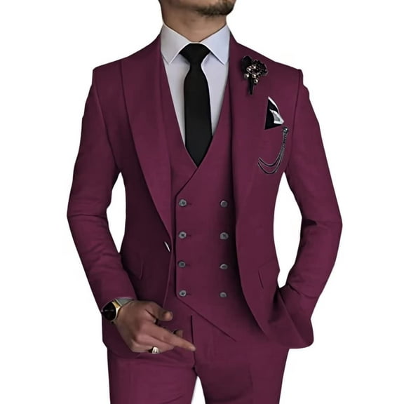 3 Piece Linen Suits for Men Slim Fit Casual Beach Wedding Summer Grooms Groomsmen Linen Blazer Pants Suit Burgundy 3XL