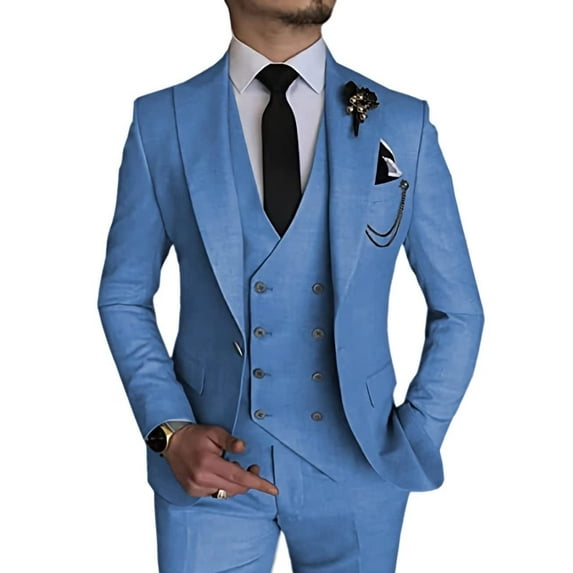 3 Piece Linen Suits for Men Slim Fit Casual Beach Wedding Summer Grooms Groomsmen Linen Blazer Pants Suit Cyan Blue 3XL