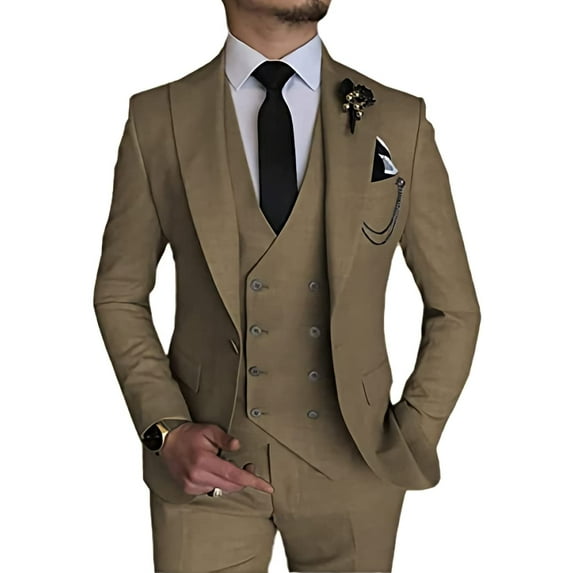 3 Piece Linen Suits for Men Slim Fit Casual Beach Wedding Summer Grooms Groomsmen Linen Blazer Pants Suit Khaki 3XL