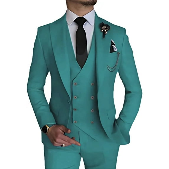 3 Piece Linen Suits for Men Slim Fit Casual Beach Wedding Summer Grooms Groomsmen Linen Blazer Pants Suit Turquoise XS