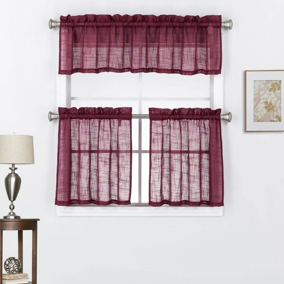 3 Piece Linen Textured Rod Pocket Top Kitchen Curtain Tiers and Valance Set for Small Windows 24 Inch Long, Burgundy