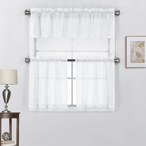 3 Piece Linen Textured Rod Pocket Top Kitchen Curtain Tiers and Valance Set for Small Windows 24 Inch Long, White