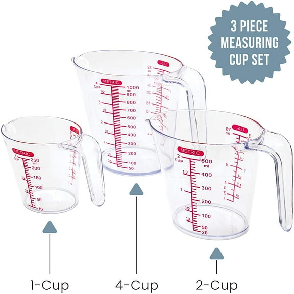 3-Piece Liquid Meausuring Cups Set - Ml and Oz Measuring Cup - Includes 1, 2 and 4 Cup, BPA-Free Plastic Measuring Cups for Liquids, Stackable Nesting Measuring Cup