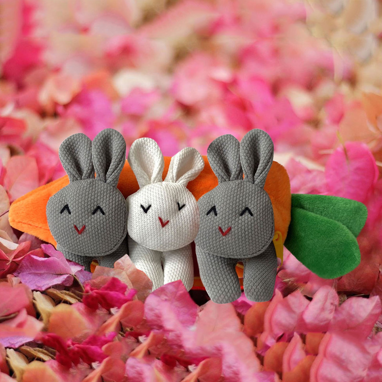 Small Padded Rabbit Toy 3-Piece Little Bunny Plush Toy Set in Zippered Carrot Pouch, Creative ...