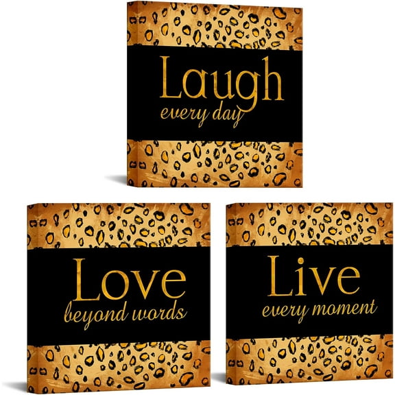 3 Piece Live Laugh Love Canvas Wall Art Leopard Printed Pictures Gold and Black Artwork Paintings for Modern Home Bedroom Living Room Bathroom Decor Stretched and Framed Ready to Hang